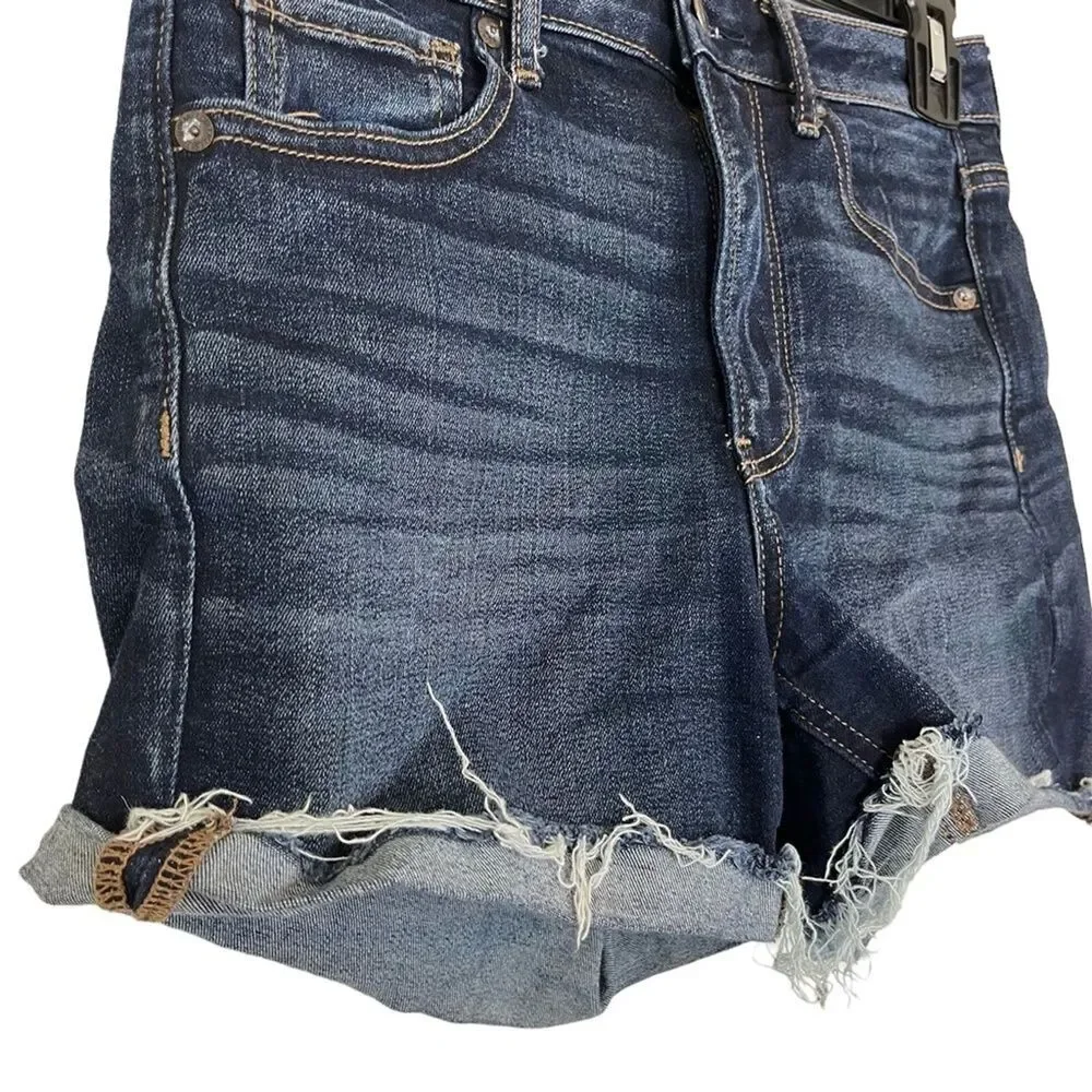 AMERICAN EAGLE SUPER HI RISE SHORTIE Raw Hem Cut Offs Dark Distressed Shorts 4